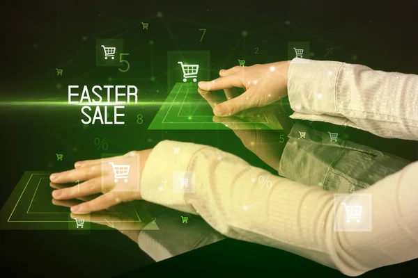 Online Nakupování Konceptem Nápisu Easter Sale Ikonami Nákupního Košíku — Stock fotografie