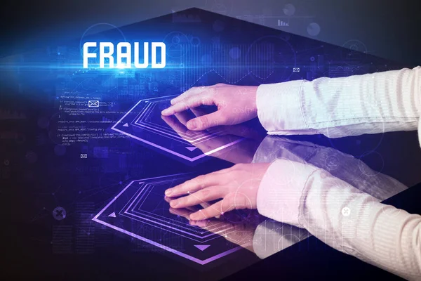 Hand Touching Digital Table Fraud Inscription New Age Security Concept — Stock Photo, Image