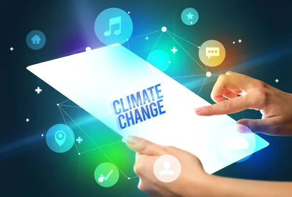 Futuristisches Tablet Mit Climate Change Aufschrift Neues Technologiekonzept — Stockfoto