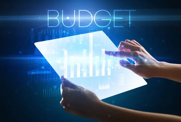 Φορητή Φουτουριστική Ταμπλέτα Επιγραφή Budget Παραπάνω Σύγχρονη Επιχειρηματική Έννοια — Φωτογραφία Αρχείου