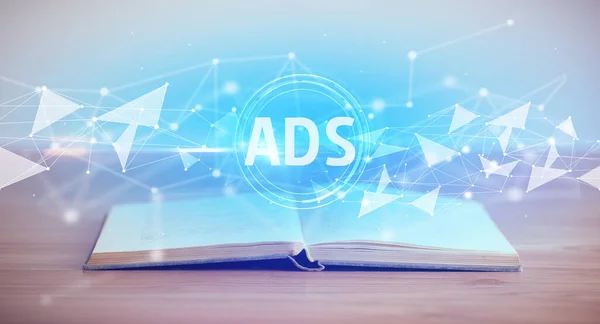 Open book with ADS abbreviation, modern technology concept