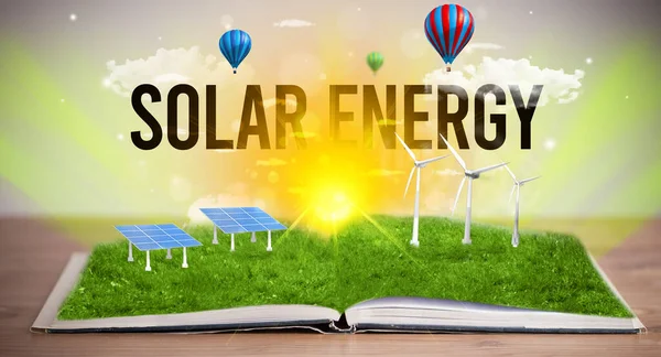 Otwarta Książka Napisem Solar Energy Koncepcja Energii Odnawialnej — Zdjęcie stockowe