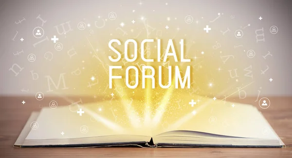 Open book with SOCIAL FORUM inscription, social media concept