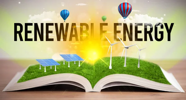 Open Boek Met Energieve Energie Inscriptie Concept Hernieuwbare Energie — Stockfoto