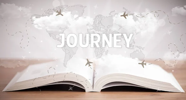 Libro Abierto Con Inscripción Journey Concepto Vacaciones — Foto de Stock