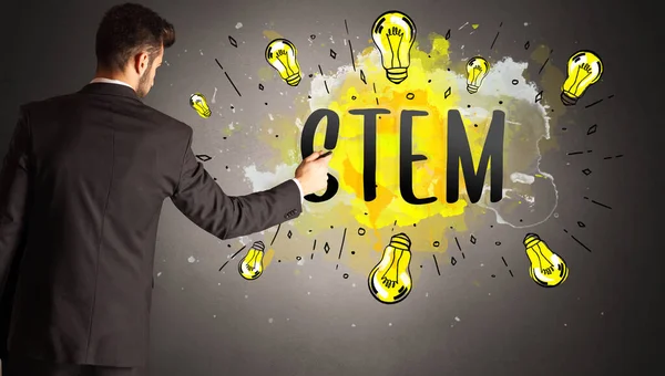 Businessman Drawing Colorful Light Bulb Stem Abbreviation New Technology Idea — 스톡 사진