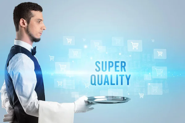 Waiter Serving Super Quality Inscription Online Shopping Concept — Stock Photo, Image