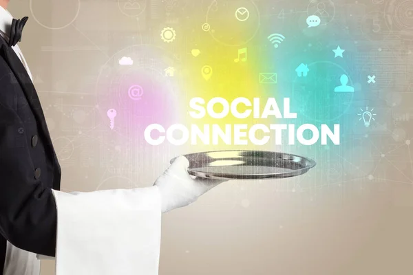 Camarero Sirviendo Redes Sociales Con Inscripción Social Connection Nuevo Concepto — Foto de Stock