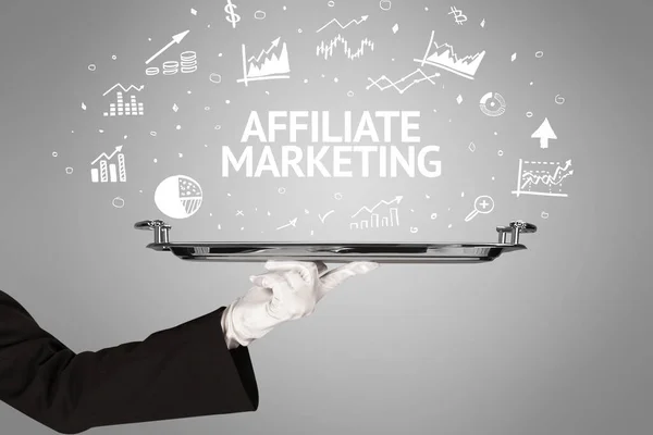 Číšník Podávající Obchodní Nápad Nápisem Affiliate Marketing — Stock fotografie