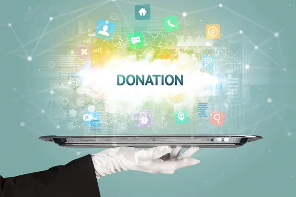 Kelner Obsługujący Koncepcję Sieci Społecznościowych Napisem Donation — Zdjęcie stockowe