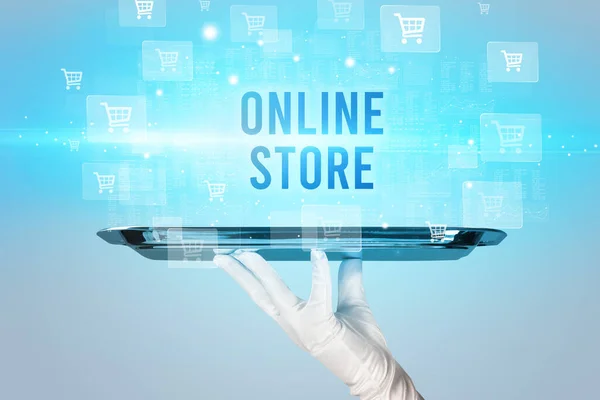 Garçom Servindo Online Store Inscrição Conceito Compras Line — Fotografia de Stock