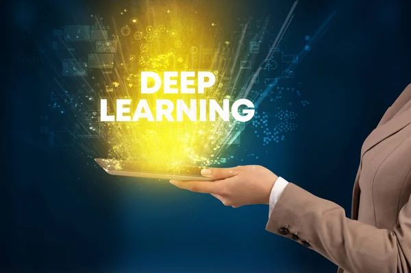Nahaufnahme Eines Touchscreens Mit Deep Learning Beschriftung Innovatives Technologiekonzept — Stockfoto