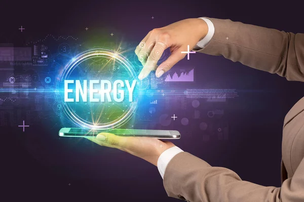 Primer Plano Una Pantalla Táctil Con Inscripción Energy Concepto Nueva — Foto de Stock