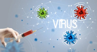 Şırınga, elinde VIRUS yazısıyla tıbbi enjeksiyon, koronavirüs aşısı konsepti