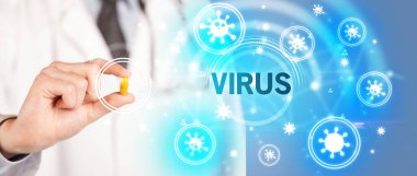 Doktor VIRUS yazıtlı ilaç veriyor, koronavirüs konsepti