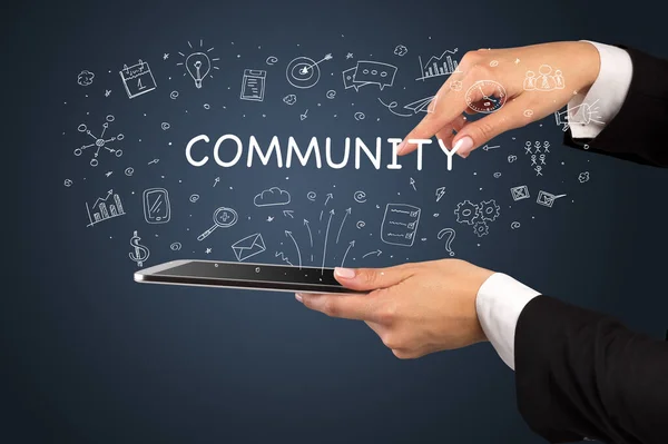 Close Touchscreen Community Inscription Social Media Concept — Stock Photo, Image