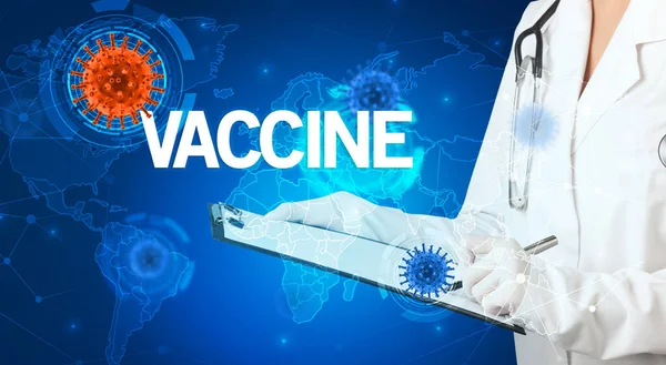 Arzt Füllt Krankenakte Mit Vaccine Aufschrift Virologie Konzept — Stockfoto