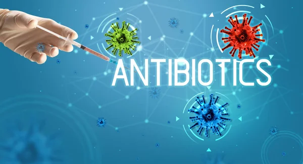 Syringe Медична Єкція Руці Написом Antibiotics Концепцію Вакцини Від Коронавірусу — стокове фото