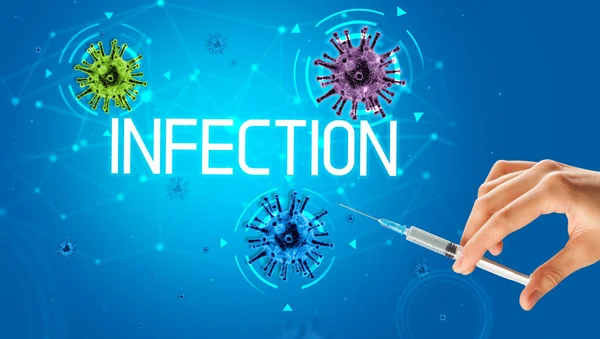 Spritze Medizinische Injektion Der Hand Mit Infektion Aufschrift Coronavirus Impfkonzept — Stockfoto