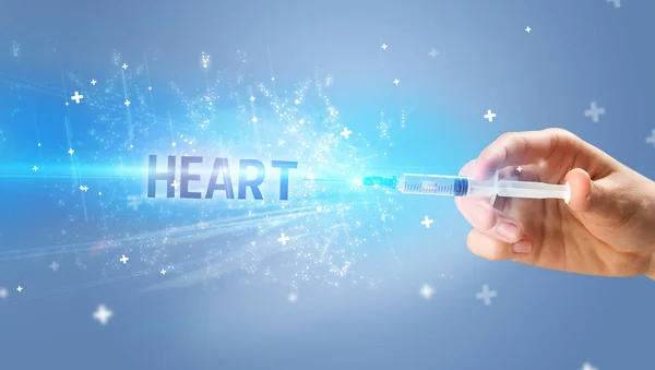 Siringa Iniezione Medica Mano Con Iscrizione Heart Concetto Antidoto Medico — Foto Stock
