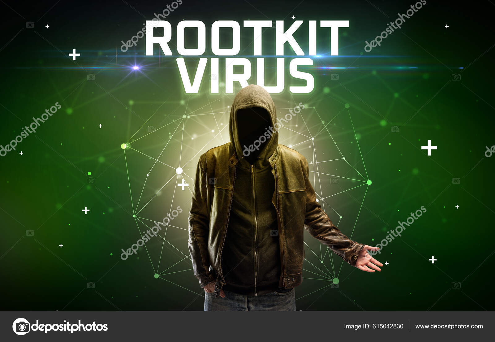 Faceless hacker at work with ROOTKIT VIRUS inscription, Computer