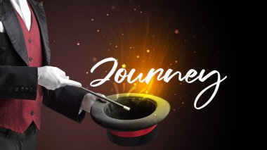 Sihirbaz, Seyahat yazıtları ve seyahat konseptiyle sihirbazlık numarası yapıyor.