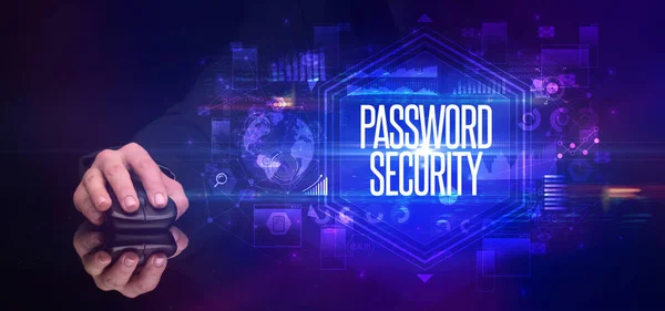 Mão Segurando Periférico Sem Fio Com Inscrição Password Segurança Conceito — Fotografia de Stock