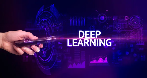 Ruční Držení Bezdrátového Periferního Zařízení Nápisem Deep Learning Moderní Koncept — Stock fotografie
