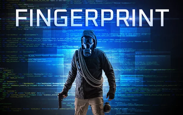 Ansiktslös Hacker Med Fingerprint Inskription Binär Kod Bakgrund — Stockfoto
