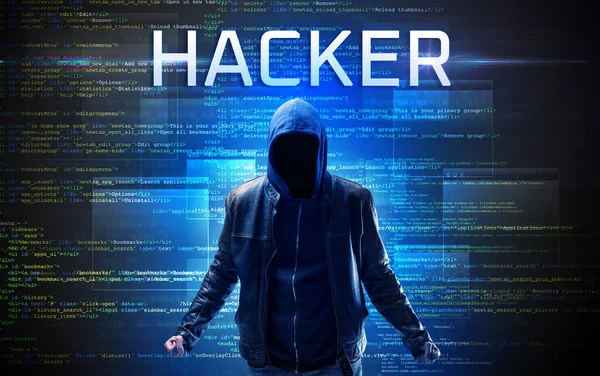 Gesichtsloser Hacker Mit Hacker Aufschrift Auf Binärcode Hintergrund — Stockfoto