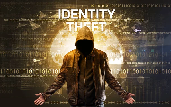 Beztvářný Hacker Při Práci Identity Theft Nápis Počítačové Zabezpečení Koncepce — Stock fotografie
