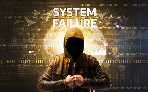 Безликий Хакер Работе System Failure Надписью Концепция Компьютерной Безопасности — стоковое фото