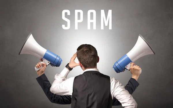 Achteraanzicht Van Een Zakenman Met Spam Inscriptie Cyber Security Concept — Stockfoto