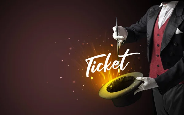 Magician Showing Magic Trick Ticket Inscription Traveling Concept — Stock Photo, Image