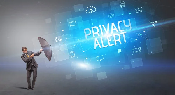 Zakenman Verdedigend Met Paraplu Tegen Cyberaanval Privacy Alert Inscriptie Online — Stockfoto