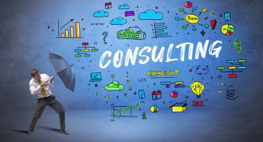 Şemsiyenin arkasına saklanan azimli iş adamı. Yazı, yeni iş konsepti.