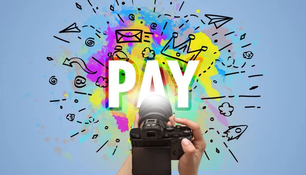 Zbliżenie Ręki Trzymającej Aparat Cyfrowy Abstrakcyjnym Rysunkiem Napisem Pay — Zdjęcie stockowe