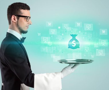 Genç garson para çantası ikonu konseptini tepside sunuyor, yeni iş modeli konsepti