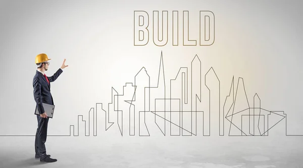 Üzletember Keménykalap Gazdaság Tervrajz Build Felirat Mérnöki Építészeti Koncepció — Stock Fotó