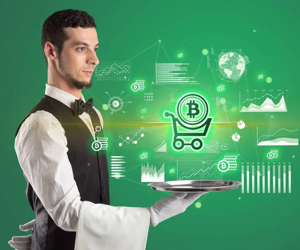Young Waiter Serving Shopping Cart Bitcoin Icons Tray Money Exchange — Stock Photo, Image