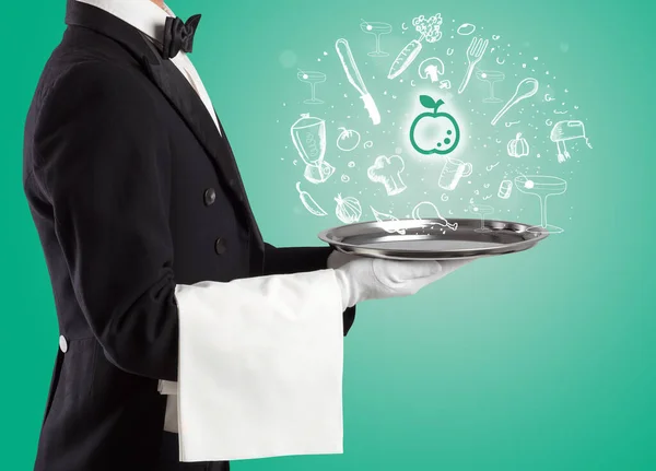 Waiter Holding Silver Tray Apple Icons Coming Out Health Food — Stock Photo, Image