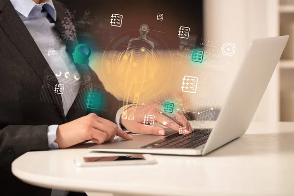 Doctor Working Laptop Brain Icons Coming Out Healthcare Concept — Stock Photo, Image