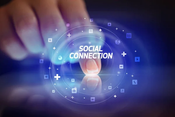 Палець Торкається Планшета Піктограмами Соціальних Мереж Social Connection — стокове фото
