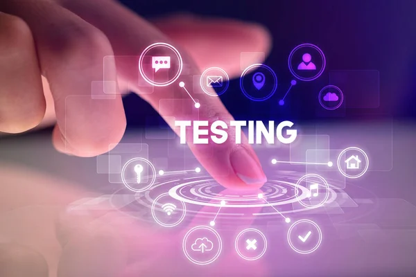 Ujj Megható Tabletta Web Technológia Ikonok Testing Felirat Web Technológia — Stock Fotó