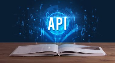 API yazıtları açık bir kitaptan geliyor, dijital teknoloji kavramı.