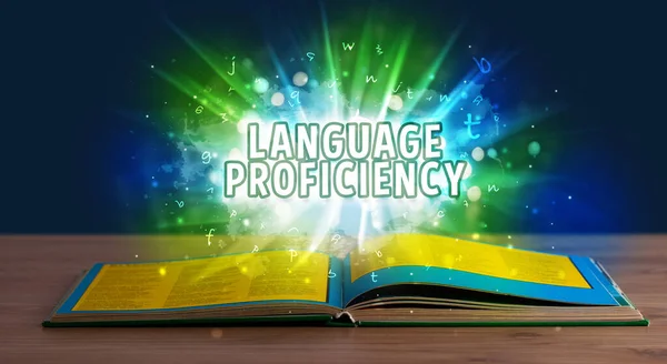 Nápis Jazykových Znalostí Vychází Otevřené Knihy Vzdělávací Koncepce — Stock fotografie