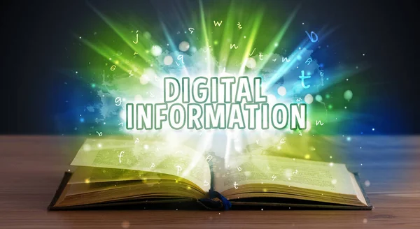 Información Digital Inscripción Que Sale Libro Abierto Concepto Educativo — Foto de Stock