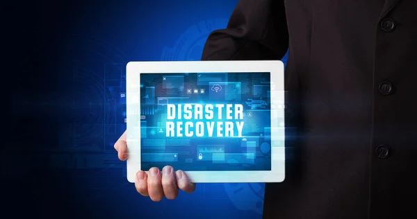 Young Business Person Working Tablet Shows Digital Sign Disaster Recovery — Stock Photo, Image