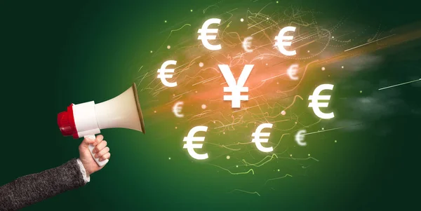 Ung Person Skriker Megafon Och Yen Ikon Valuta Utbyte Koncept — Stockfoto