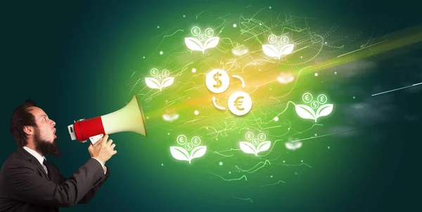 Young person yelling in megaphone and dollar - euro exchange icon, currency exchange concept